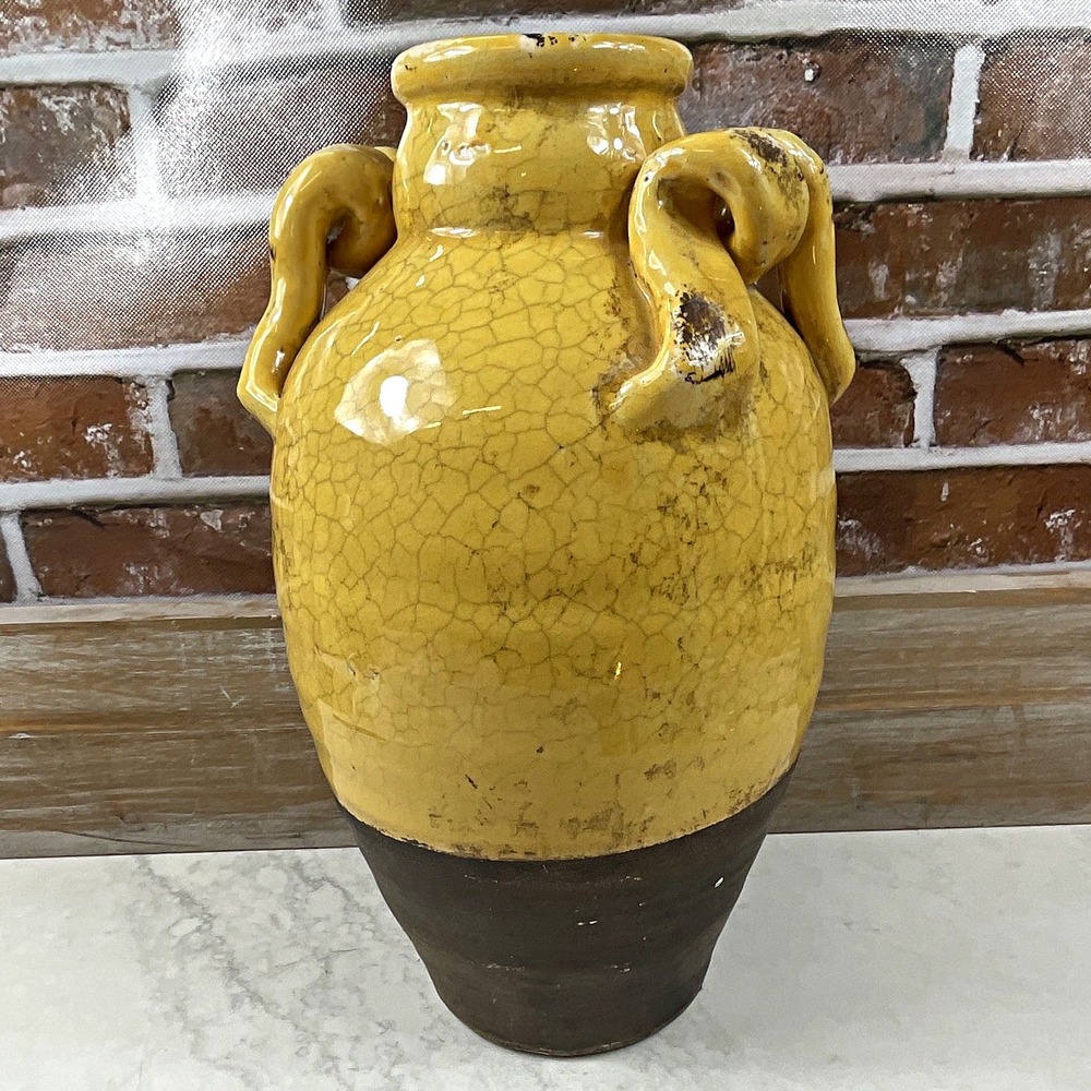 RAZ Imports Crackle Glaze Ceramic Vase w/ Handles Yellow/Brown 13"
